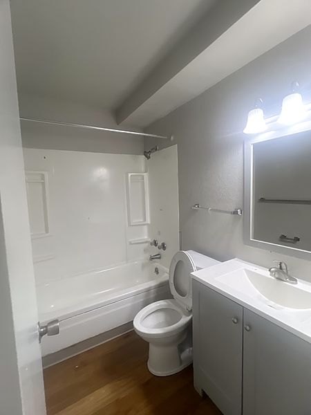 Bathroom with a grey vanity, framed mirror, vanity lighting and a tub-shower over hardwood flooring