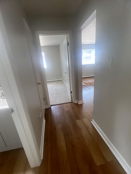 Apartment hallway with plank flooring connecting the bathroom, bedroom and living room