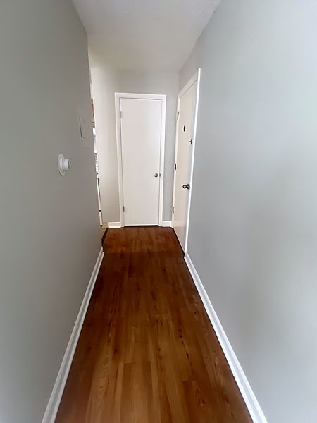 Apartment entry hall with wood-look plank flooring leading to closet and bedroom doors