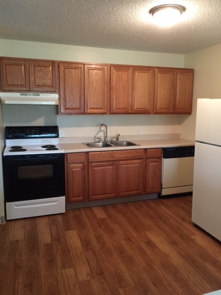 Galley kitchen with oak cabinets, range, dishwasher and refrigerator