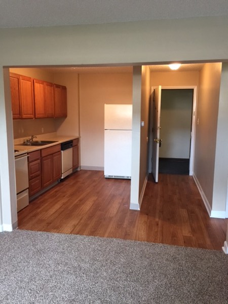 One bedroom kitchen with wood cabinets beside the entry hallway