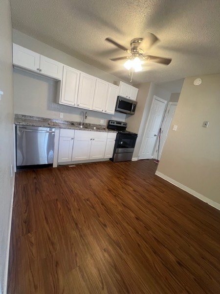 Renovated kitchen with white cabinets, stainless steel appliances and dishwasher