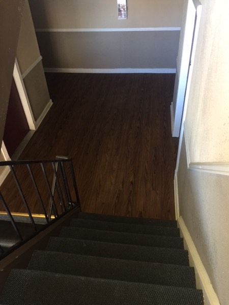 Interior stairwell with carpeted treads and wood-look landing